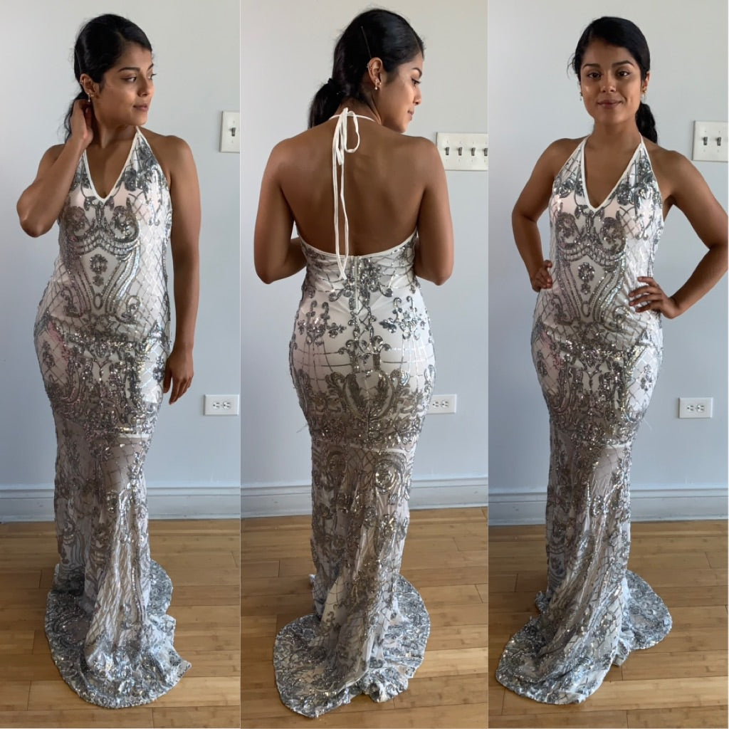 Victoria Sequin Formal Gown - White Silver Large