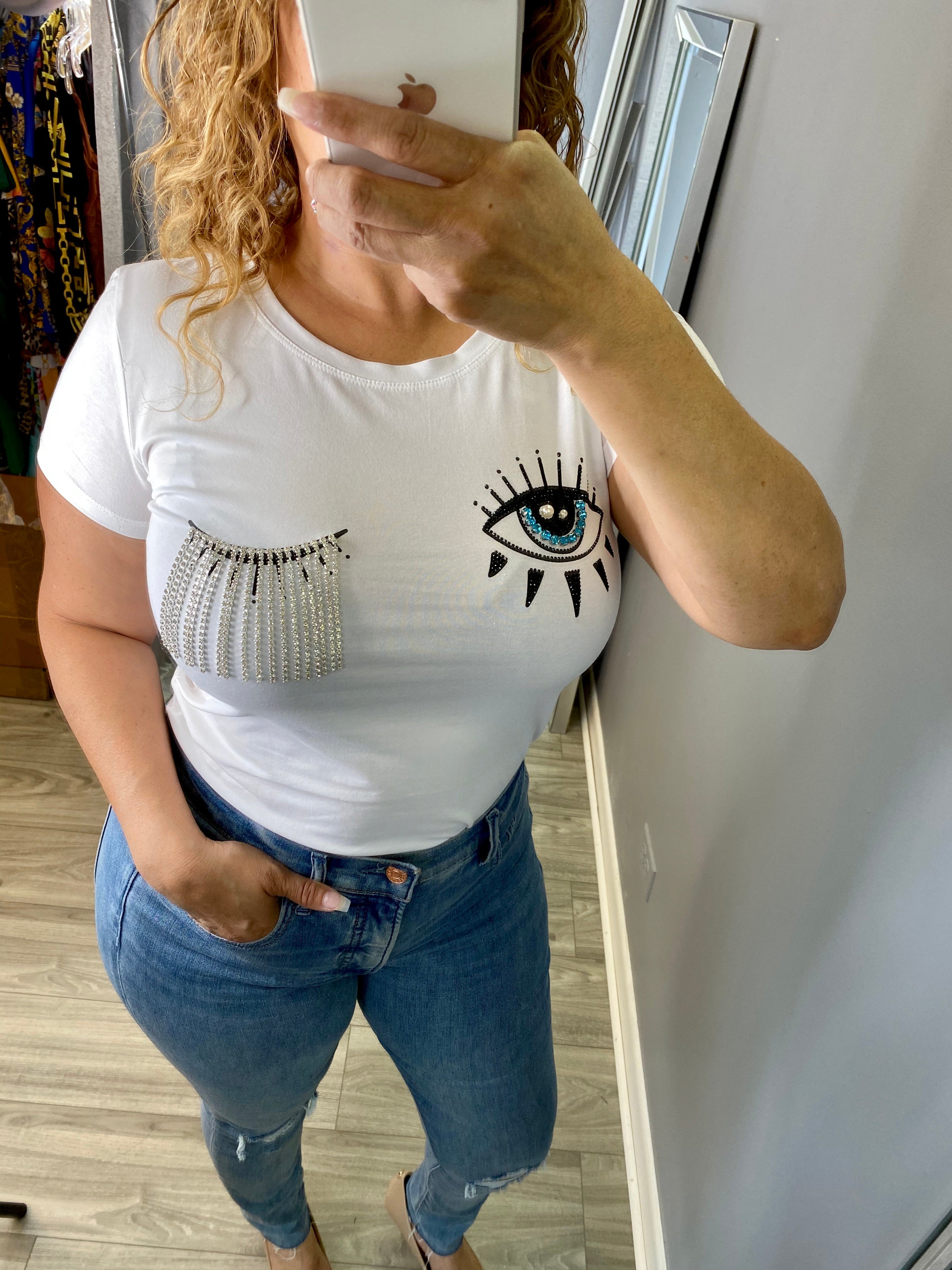 Rhinestone Lash Shirt (White) – Bellisima Fashion Boutique